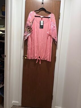 loralette Pink Knit Blouse with Printed Kimono Sleeves